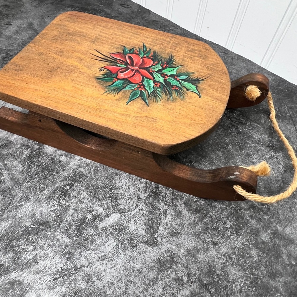 Vintage Wooden Hand Painted Minature Decorative Sled | Christmas Rustic Cottage